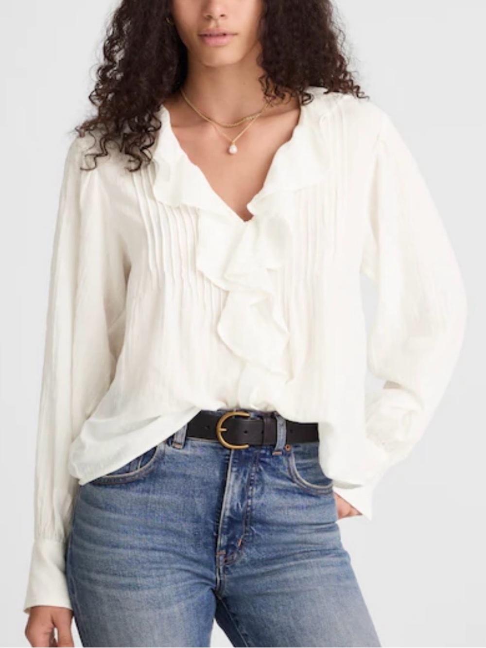 Madewell White Ruffled Pintuck V-Neck Blouse
